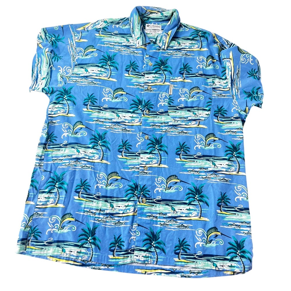Columbia‎ Button Up Shirt L Blue Men All Over Print Swordfish Palm Tree Beach